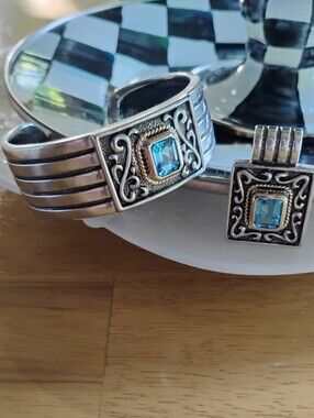 Vintage Ross-Simons 925 Silver Cuff Bracelet & Pendant Set With Blue Topaz 14k